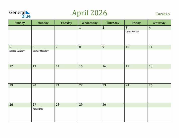 April 2026 Calendar with Curacao Holidays
