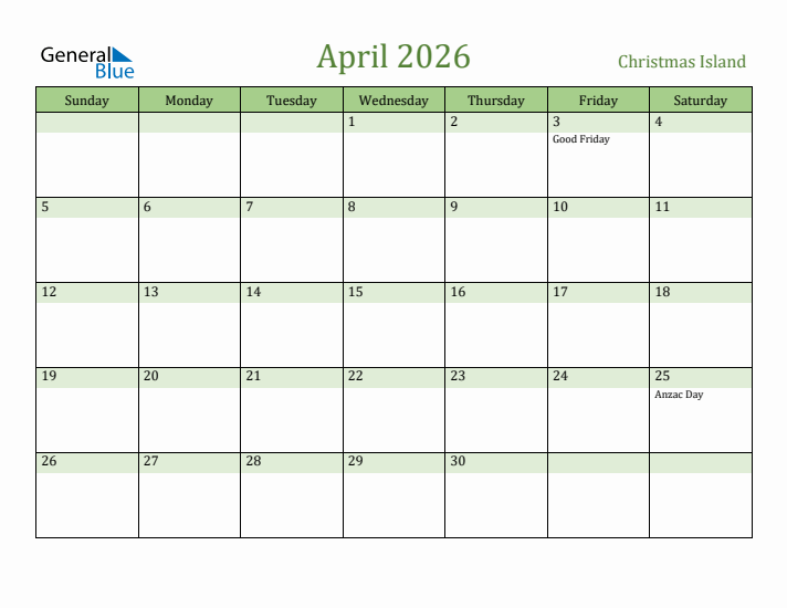 April 2026 Calendar with Christmas Island Holidays