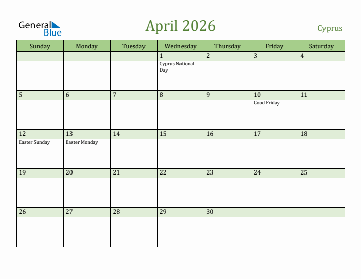 April 2026 Calendar with Cyprus Holidays