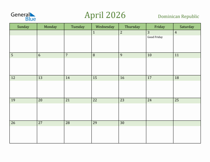 April 2026 Calendar with Dominican Republic Holidays