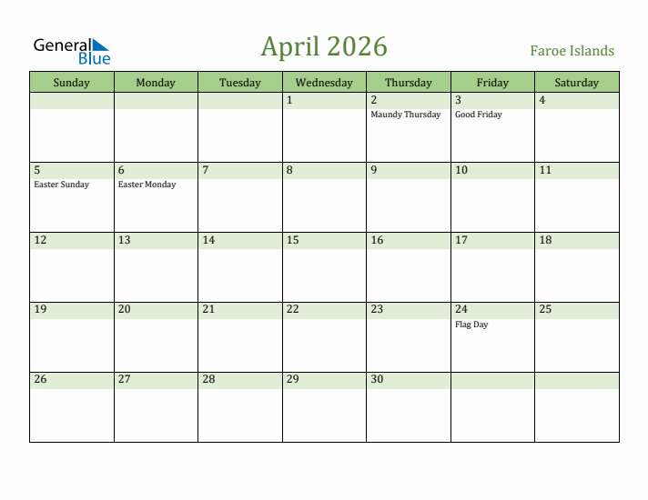 April 2026 Calendar with Faroe Islands Holidays