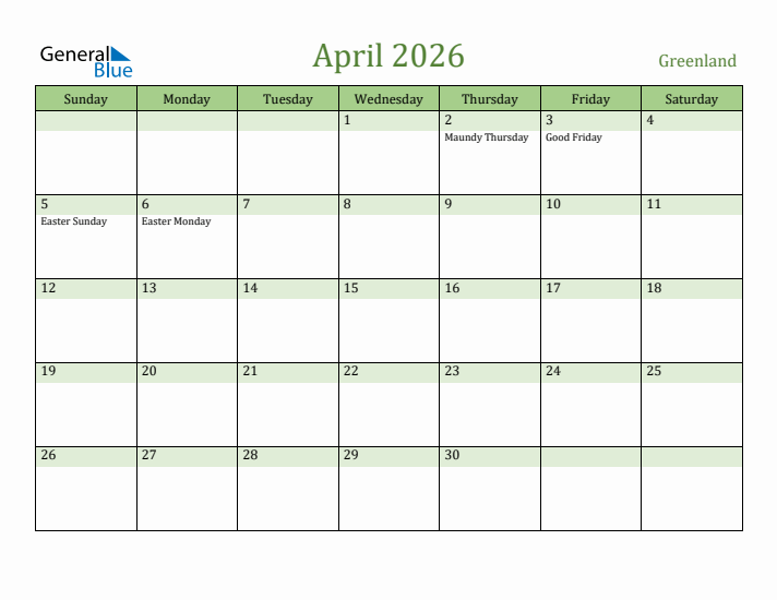 April 2026 Calendar with Greenland Holidays
