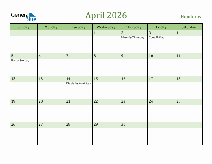 April 2026 Calendar with Honduras Holidays