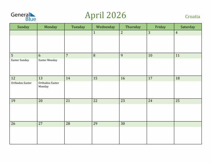 April 2026 Calendar with Croatia Holidays