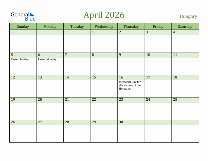 April 2026 Calendar with Hungary Holidays
