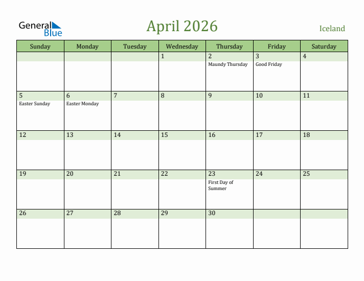 April 2026 Calendar with Iceland Holidays