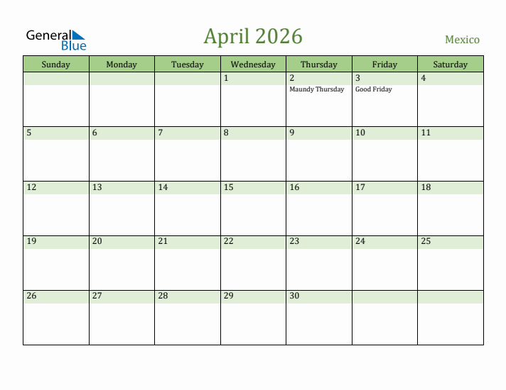 April 2026 Calendar with Mexico Holidays