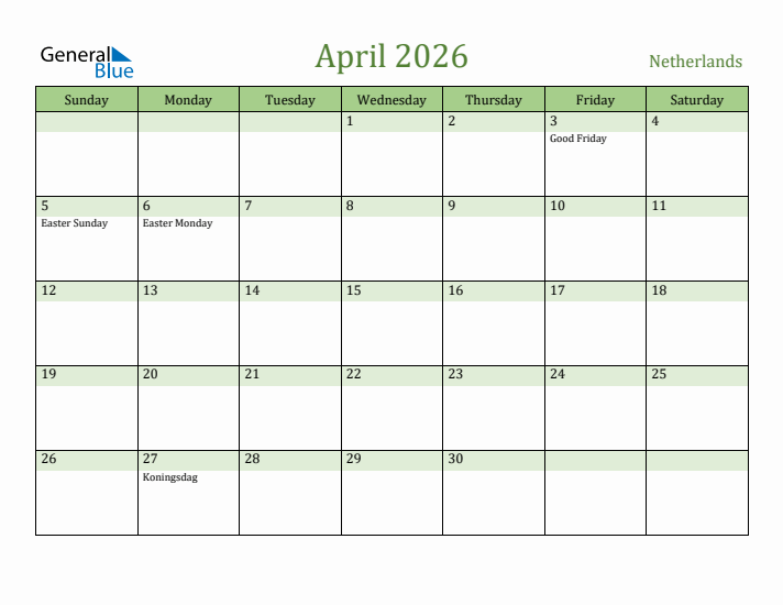 April 2026 Calendar with The Netherlands Holidays
