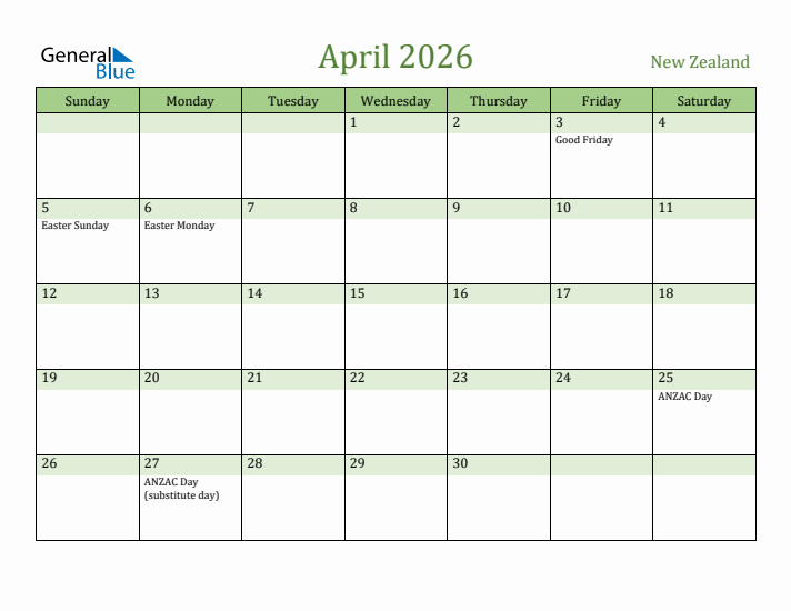 April 2026 Calendar with New Zealand Holidays
