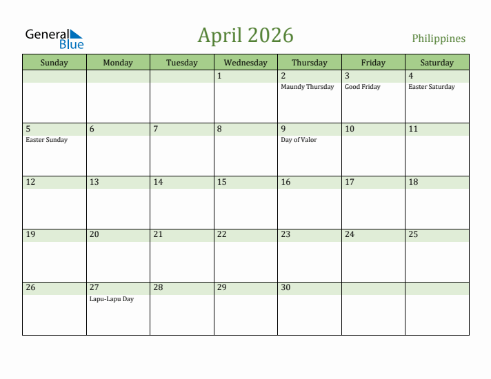 April 2026 Calendar with Philippines Holidays