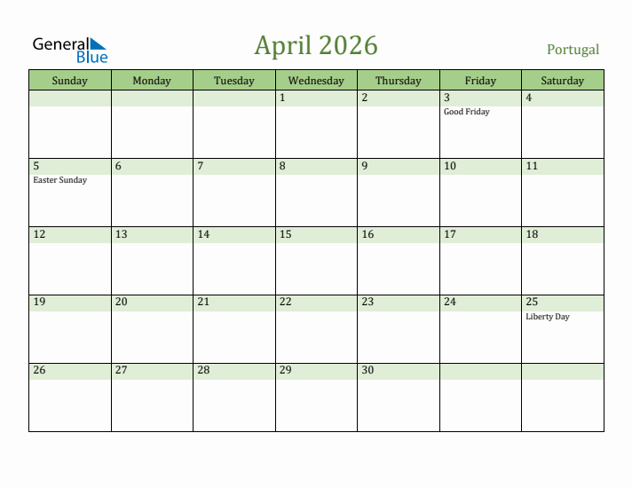 April 2026 Calendar with Portugal Holidays