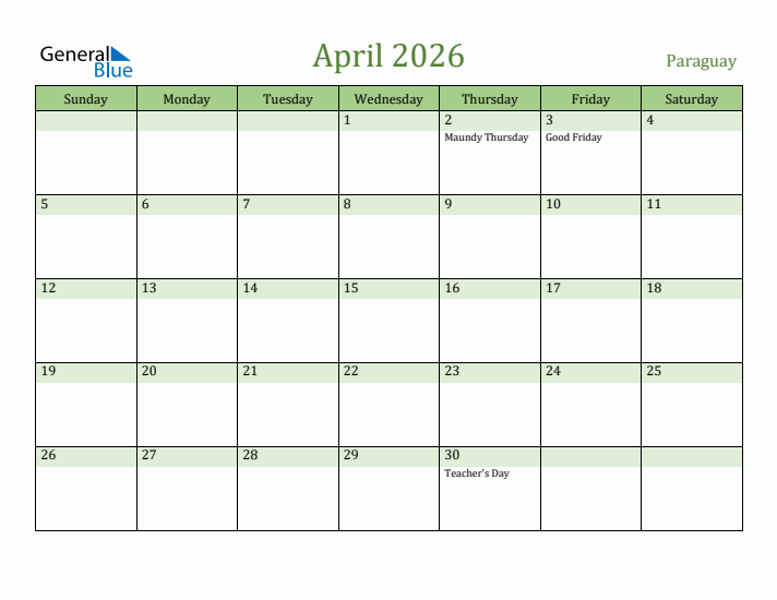 April 2026 Calendar with Paraguay Holidays