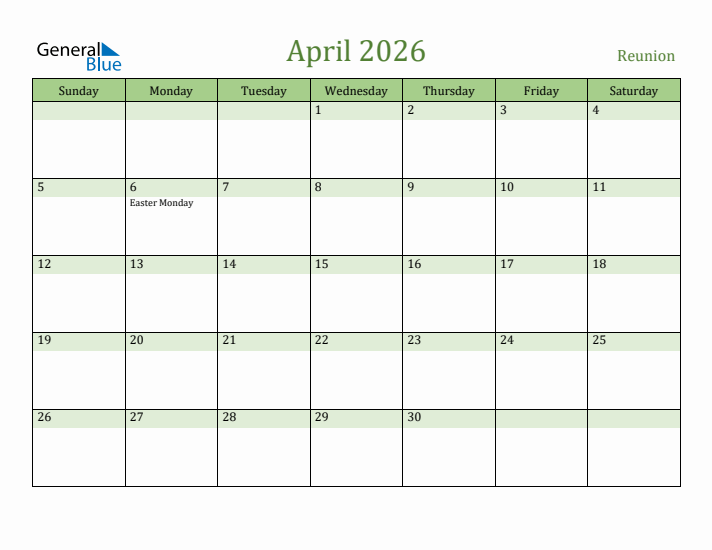 April 2026 Calendar with Reunion Holidays