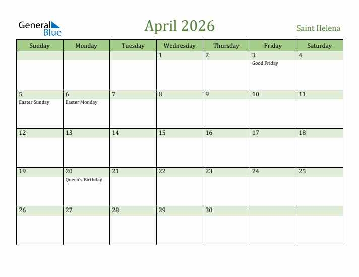 April 2026 Calendar with Saint Helena Holidays