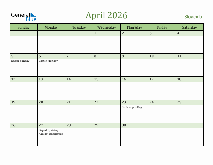 April 2026 Calendar with Slovenia Holidays