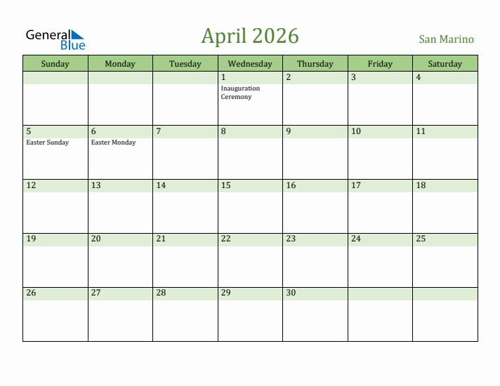 April 2026 Calendar with San Marino Holidays