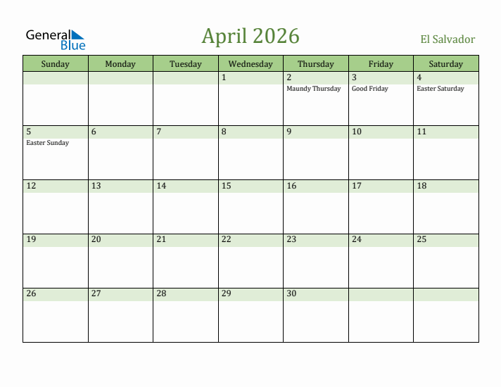 April 2026 Calendar with El Salvador Holidays