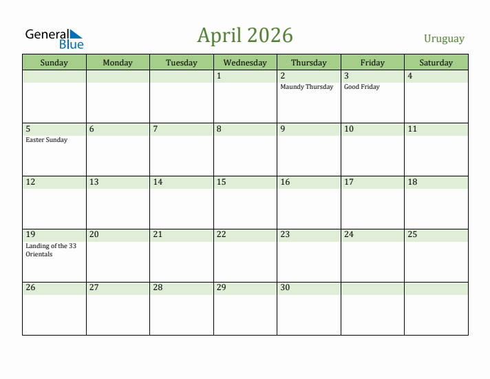 April 2026 Calendar with Uruguay Holidays