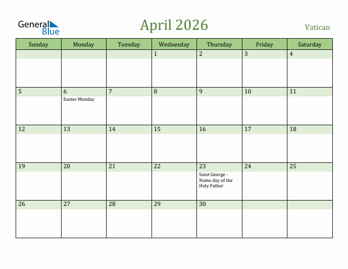 April 2026 Calendar with Vatican Holidays