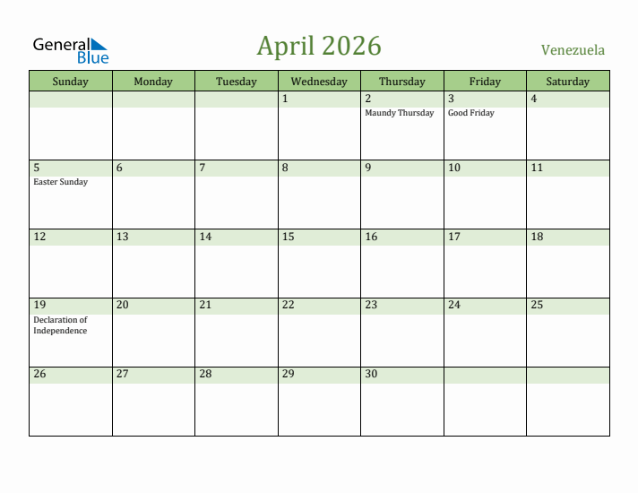 April 2026 Calendar with Venezuela Holidays