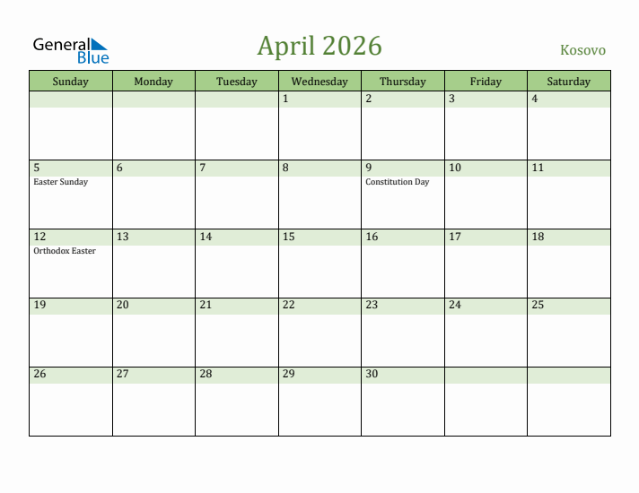 April 2026 Calendar with Kosovo Holidays
