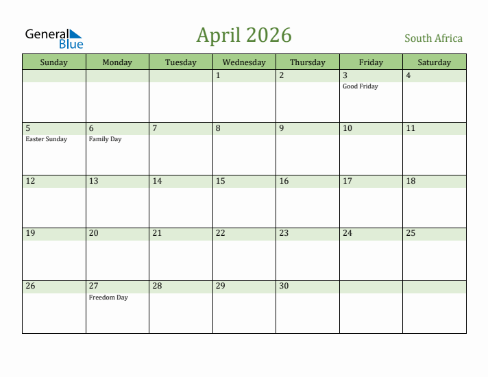 April 2026 Calendar with South Africa Holidays