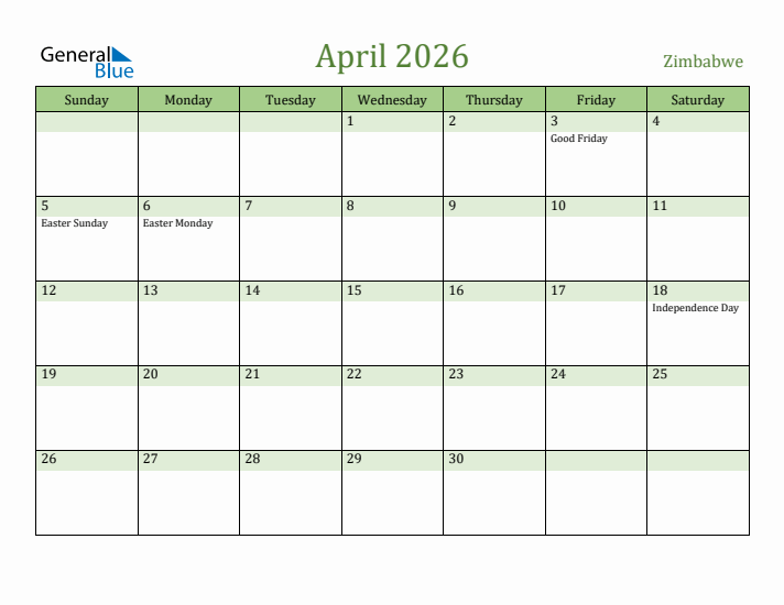 April 2026 Calendar with Zimbabwe Holidays