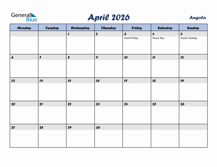 April 2026 Calendar with Holidays in Angola