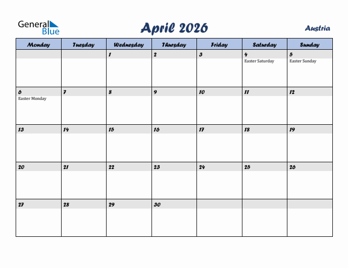 April 2026 Calendar with Holidays in Austria