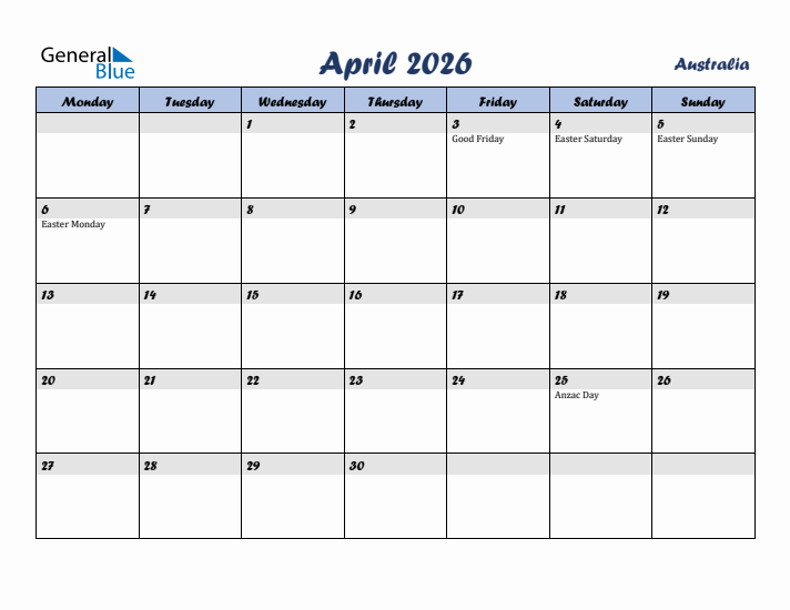 April 2026 Calendar with Holidays in Australia