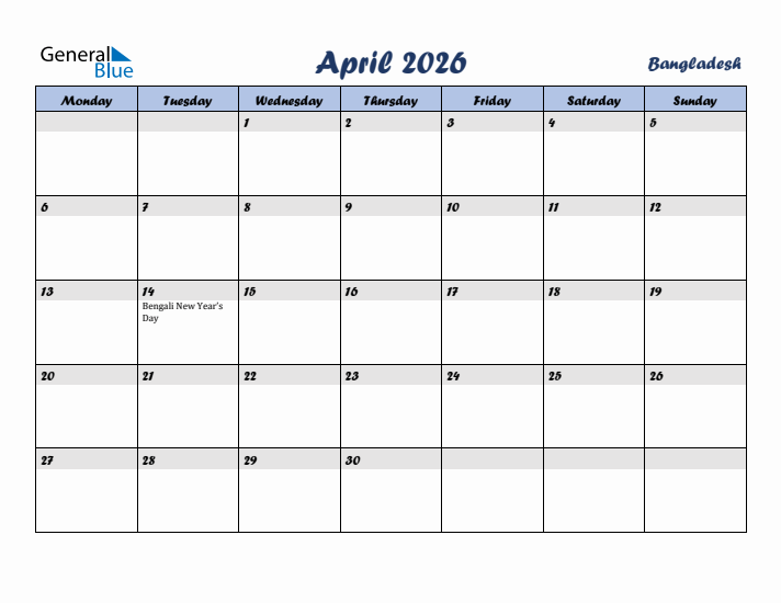 April 2026 Calendar with Holidays in Bangladesh