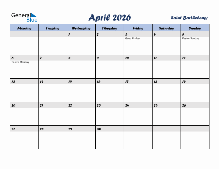 April 2026 Calendar with Holidays in Saint Barthelemy