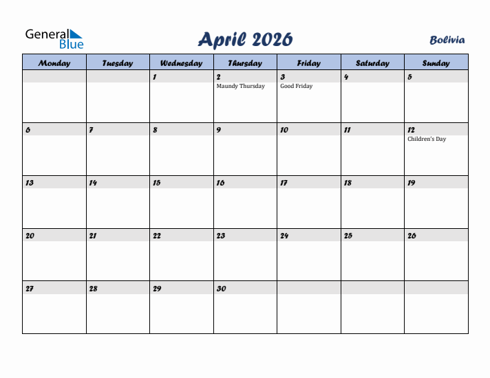 April 2026 Calendar with Holidays in Bolivia