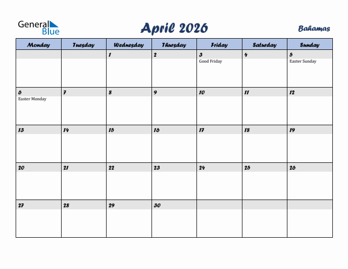 April 2026 Calendar with Holidays in Bahamas