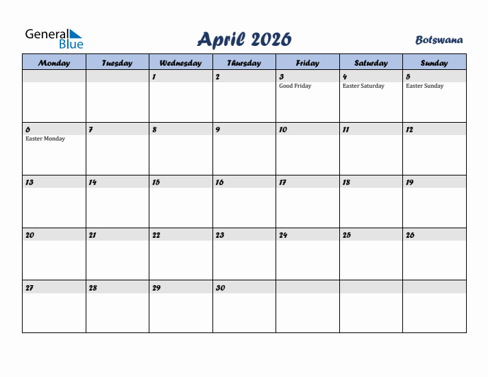 April 2026 Calendar with Holidays in Botswana