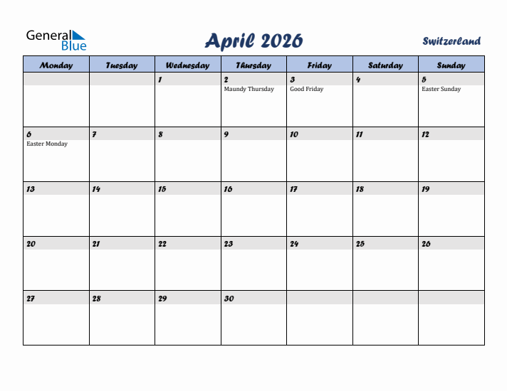 April 2026 Calendar with Holidays in Switzerland