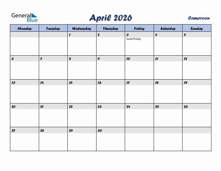 April 2026 Calendar with Holidays in Cameroon