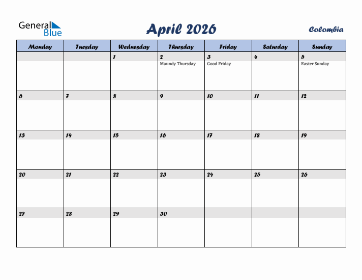 April 2026 Calendar with Holidays in Colombia