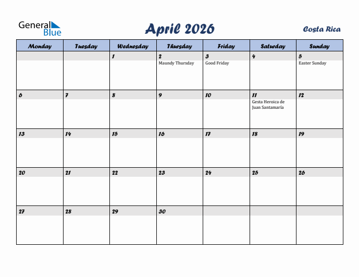April 2026 Calendar with Holidays in Costa Rica