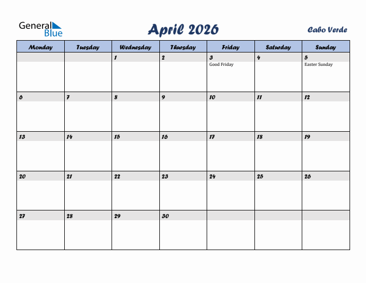 April 2026 Calendar with Holidays in Cabo Verde