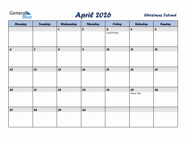 April 2026 Calendar with Holidays in Christmas Island
