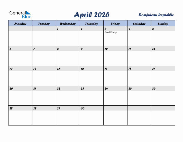 April 2026 Calendar with Holidays in Dominican Republic