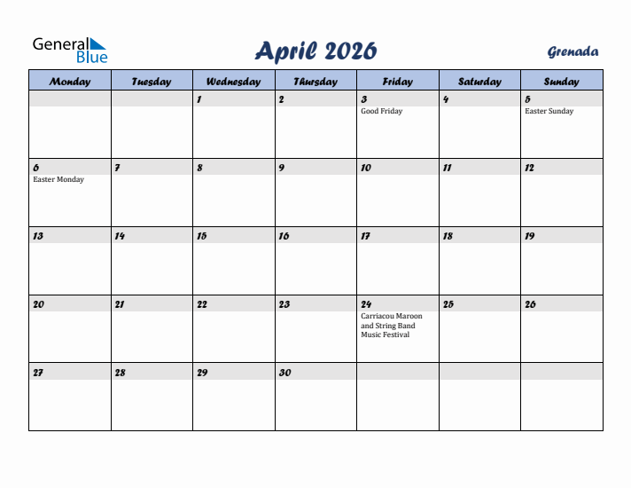 April 2026 Calendar with Holidays in Grenada