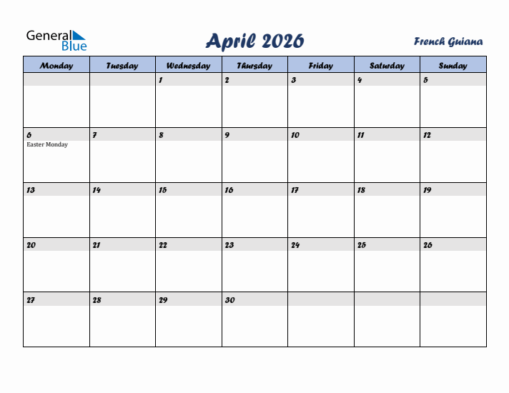 April 2026 Calendar with Holidays in French Guiana