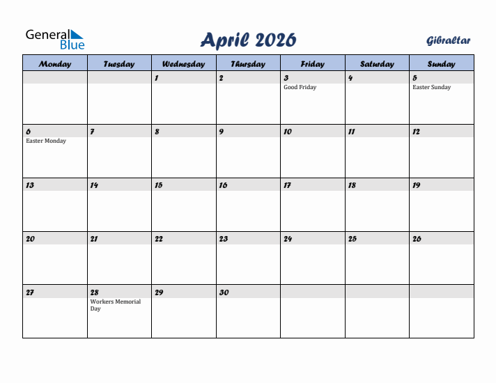 April 2026 Calendar with Holidays in Gibraltar