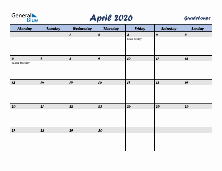April 2026 Calendar with Holidays in Guadeloupe