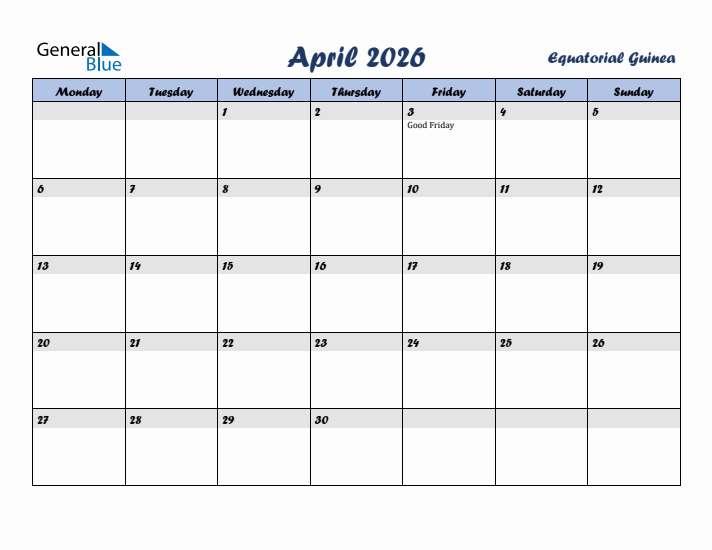 April 2026 Calendar with Holidays in Equatorial Guinea