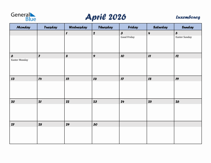 April 2026 Calendar with Holidays in Luxembourg