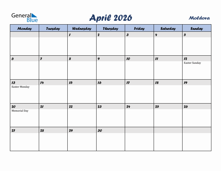 April 2026 Calendar with Holidays in Moldova