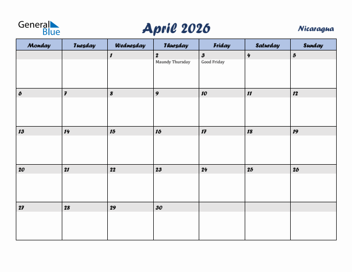 April 2026 Calendar with Holidays in Nicaragua